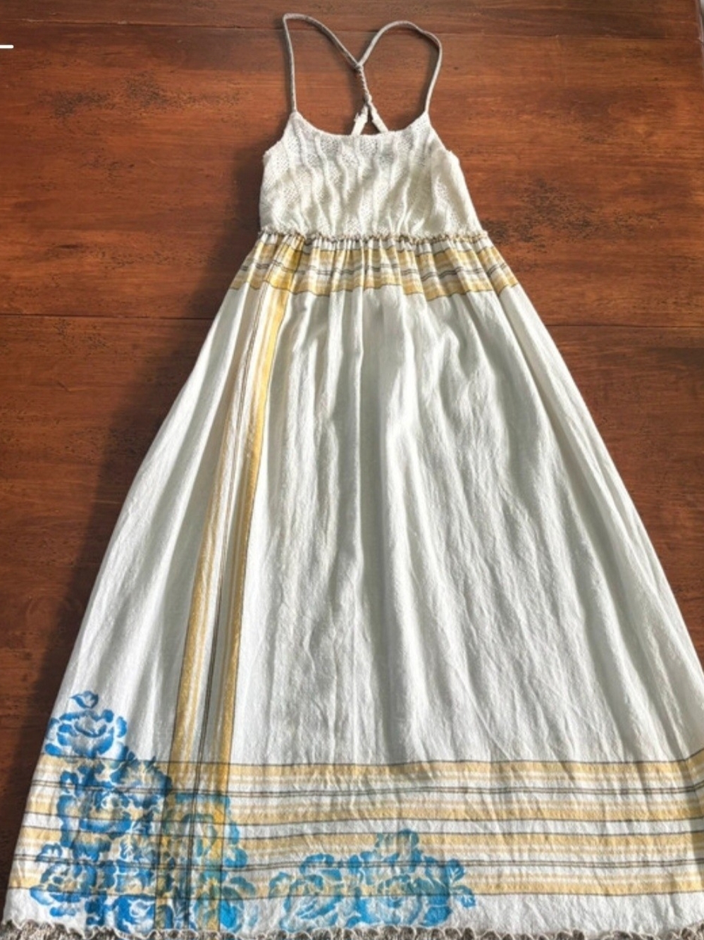 Vintage Free People White Maxi Dress with Yellow Trim and Blue Floral Hem
